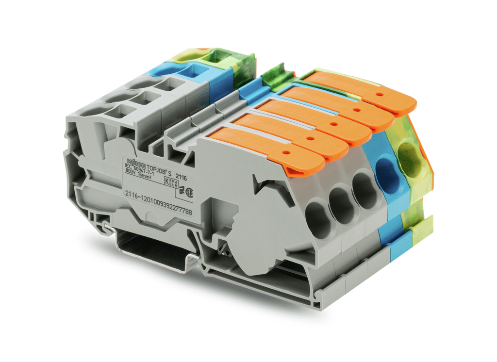 WAGO 2116-1201/605-038 2116-1201/605-038 WAGO - Three phase set; with orange end plate; with 2-Conductor, Rail-Mount Terminal Blocks; with a lever and operating slots; 16 mm²; Push-in CAGE CLAMP®; 16,00 mm²; gray/blue/green-yellow 2116-1201/605-038 on Powermatic Associates