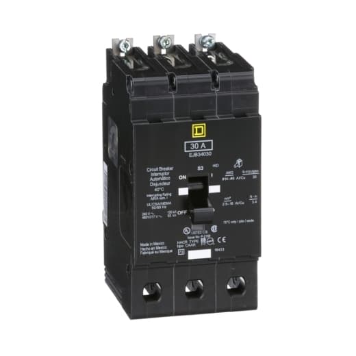 Schneider Electric EJB34030 Square D by Schneider Electric EJB34030 is a Miniature Circuit Breaker (MCB) designed for bolt-on mounting with a visual trip indicator. It features lugs type terminals and is rated for 480 V AC. This MCB offers short-circuit and overload protection, functioning as both an Equipment Protection Device (EPD) and a Circuit Breaker (CB) with a breaking capacity code J. It utilizes an aluminium lugs connection and supports a rated current of 30A across 3 poles. The cross-section compatibility is 14-6AWG for one copper cable. Its short circuit breaking rating is specified at 100kA for 120Vac and 240Vac, and 65kA for 480Y/277Vac. The EJB34030 employs a thermal-magnetic trip unit with protection settings at a trip unit rating of 875A. EJB34030 on Powermatic Associates
