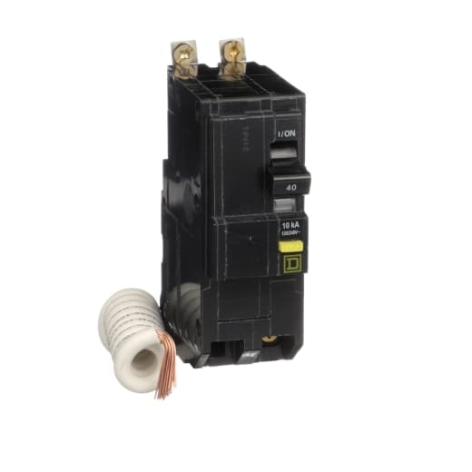 Schneider Electric QOB240GFI Square D by Schneider Electric QOB240GFI is a Ground Fault Interrupter (GFI) Miniature Circuit Breaker (MCB) designed for bolt-on mounting. It features a rated current of 40A and a bolt-on connection type. This MCB operates at a rated voltage of 120V to 240V and accommodates a cross-section of 12-4AWG (1 cable Al) with 2 poles. It has a residual current sensitivity of 6mA / 0.006 and offers ground fault protection. The short circuit breaking rating is 10kA at 240Vac, and it is equipped with box lugs type of terminals. QOB240GFI on Powermatic Associates
