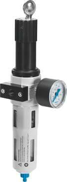 Festo 194769 filter regulator LFRS-3/4-D-MIDI-A With lockable regulator head and pressure gauge, for nominal pressure 12 bar, for unlubricated compressed air. Size: Midi, Series: D, Actuator lock: Rotary knob with integrated lock, Assembly position: Vertical +/- 5°, G 194769 on Powermatic Associates
