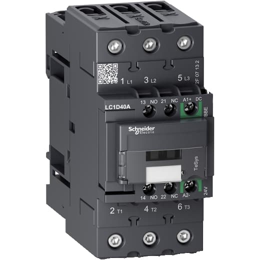 Schneider Electric LC1D40ABBE Schneider Electric LC1D40ABBE is a magnetic contactor from the Deca Green sub-range, featuring an EverLink(TM) terminal design with a low-consumption coil (0.5W) that includes coil current permanent monitoring and control with an electronically-controlled coil. It offers screw connections for installation and is equipped with 3 poles (3P; 3NO), supporting a rated current of 60A (AC-1) and 40A (440Vac; AC-3). This contactor is designed for DIN rail mounting and has a net width of 55 mm. It provides a degree of protection of IP20 and operates with a control voltage (DC) of 19.2-28.8Vdc (24Vdc nom.; 0.8...1.2 x Uc). The rated operating voltage (Ue) is up to 690 V, and it includes 1 Normally Open (NO) auxiliary contact and 1 Normally Closed (NC) auxiliary contact, both of the instantaneous type (1NO+1NC). The rated impulse voltage (Uimp) is 6 kV, and it can handle rated active power ranging from 11kW (220-230Vac; AC-3) to 30kW (660-690Vac; AC-3). The rated power in horsepower (HP) varies from 3HP (115Vac; single-phase; 50Hz/60Hz; UL/CSA) to 30HP (575-600Vac; 3-phase; 50Hz/60Hz; UL/CSA). Its mechanical durability is rated at 6,000,000 operations, and its electrical durability with load is 1,500,000 operations. The rated voltage (AC) for phase-to-phase is 690 V, and its power consumption is notably low at 0.5 W. LC1D40ABBE on Powermatic Associates
