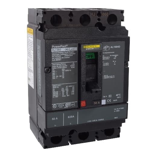 Schneider Electric HJL36050T Square D by Schneider Electric HJL36050T is a Moulded Case Circuit Breaker (MCCB) within the PowerPacT HJL sub-range, featuring a removable/interchangeable trip unit PowerPact H-Frame 150 TMD with 3 poles (3P) and a rated current of 50A. It operates at a rated insulation voltage (Ui) of 750 V, with AC rated voltages of 600Vac and 600Y/347Vac, and a DC rated voltage of 250Vdc. The device offers thermal protection for overload scenarios and magnetic protection for short-circuit conditions. It is designed for individual unit mount on plate, with a net height of 163 mm, width of 104 mm, and depth of 86 mm. The circuit breaker has an IP40 degree of protection, operates manually via a toggle, and has fixed protection settings for over-current at 50A, short-circuit hold current at 400A, and short-circuit trip current at 850A. Its rated operating voltage (Ue) is 690 V, with a rated impulse voltage (Uimp) of 8 kV. The trip current rating is 50 AT, with a frame current rating of 150 AF. It has a short circuit breaking rating of 100kA at 240Vac, 65kA at 480Vac and 480Y/277Vac, 25kA at 600Vac and 600Y/347Vac, and 20kA at 250Vdc, all according to UL489 standards. The trip unit type is thermal-magnetic (fixed) with no display, and it falls under utilisation category A. Connection is facilitated by lugs on both load and line sides. HJL36050T on Powermatic Associates