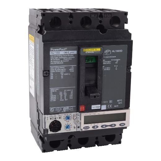 Schneider Electric HJL36150U43X Square D by Schneider Electric HJL36150U43X is a Moulded Case Circuit Breaker (MCCB) within the PowerPacT HJL sub-range, featuring a PowerPact H-Frame 150 Micrologic 5.2A (LSI) design. It is a 3-pole (3P) device with a rated current of 150A and offers a connection type with lugs on both load and line sides. This MCCB provides protection functions including Long-time (L), Short-time with fixed time delay (S), Instantaneous (I), and Zone Selective Interlocking (ZSI). It has a rated insulation voltage (Ui) of 750 V, rated voltages of 600Vac and 250Vdc, and a degree of protection of IP40. The operating mode is manual toggle. Protection settings are adjustable for overload (0.3...1 x In), short-circuit with time delay (1.5...10 x lr), and instantaneous protection against short-circuit (1.5...15 x In). It features a rated operating voltage (Ue) of 690 V, rated impulse voltage (Uimp) of 8 kV, and short circuit breaking ratings as specified for various voltages. The trip unit is an electronic Micrologic Ammeter 5.2A with LSI protection and an LCD display. Measurement functions include current measurements for phases and neutral, RMS instantaneous current, current unbalance, highest RMS current of the three phases, ground fault current, and demand/peak current values with an adjustable calculation window of 5-60min. It is designed for individual unit mount on plate, with dimensions of 163 mm in height, 104 mm in width, and 86 mm in depth. The utilisation category is A. HJL36150U43X on Powermatic Associates