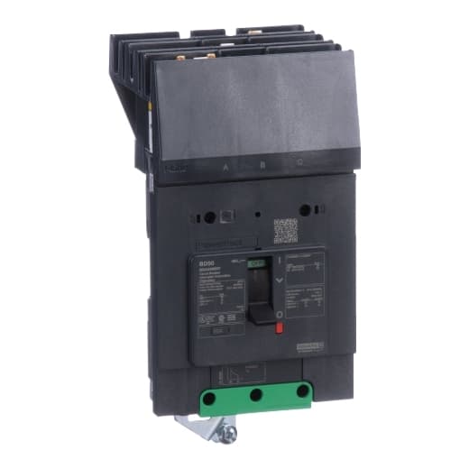 Schneider Electric BDA34050Y Square D by Schneider Electric BDA34050Y is a Moulded Case Circuit Breaker (MCCB) within the PowerPacT BDA sub-range, featuring a PowerPact B-Frame 100 TMD 3P 50A design for 480Y/277Vac with an 18kA I-line ABC 80% rated. It has a rated impulse voltage (Uimp) of 8 kV and utilizes an I-line connection for ABC phases. This MCCB offers a degree of protection of IP40 and supports a rated current of 50A with a rated voltage (AC) of 480Vac 480Y/277Vac. It is designed for mechanical durability of 20,000 operations at no load and mounts on I-line with line side isolated plug-on jaws plus a mechanical I-Line bracket mechanism for robust attachment. The unit has 3 poles (3P), with dimensions of 137 mm in height, 89 mm in depth, and 81 mm in width. It falls under utilisation category A and features protection settings including over-current fixed at 50A, short-circuit hold current fixed at 480A, and short-circuit trip current fixed at 720A. The rated voltage (DC) is 250Vdc, with a rated insulation voltage (Ui) of 800 V, and a rated operating voltage (Ue) of 525 V. Protection functions include thermal protection for overload and magnetic protection for short-circuit, with a trip current rating of 50 AT. Its electrical durability with load is rated for 10,000 operations at 440Vac; In, and it has a frame current rating of 100 AF. The operating mode is toggle (manual), and it has a short circuit breaking rating of 25kA at 240Vac, 18kA at 480Vac, 18kA at 480Y/277Vac, 14kA at 600Y/347Vac, and 10kA at 250Vdc, all according to UL489. The trip unit type is thermal-magnetic (fixed) with no display. BDA34050Y on Powermatic Associates